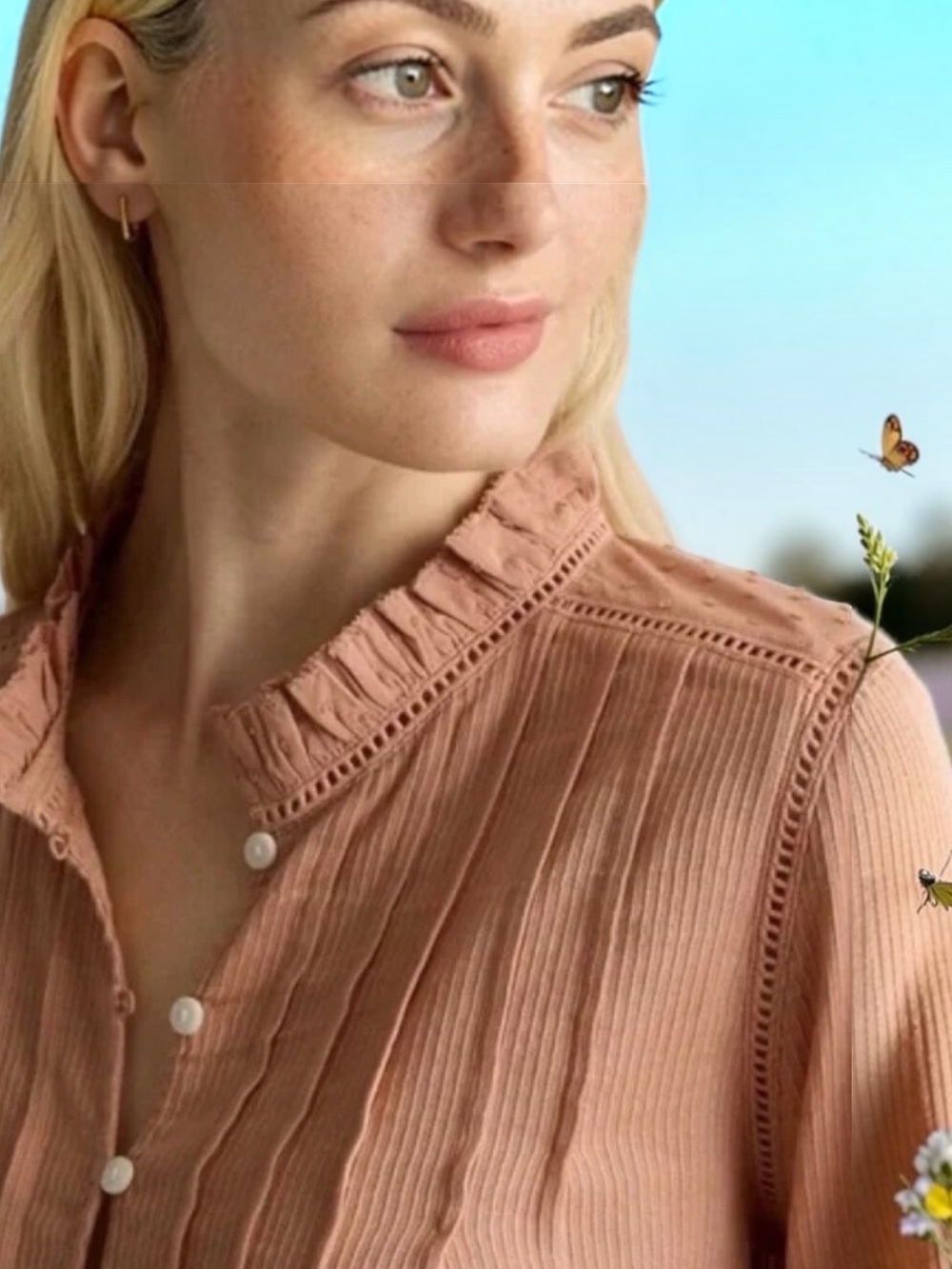 QUINCE 100% ORGANIC COTTON PEASANT BLOUSE SZ MED IN CAFE AU LAIT